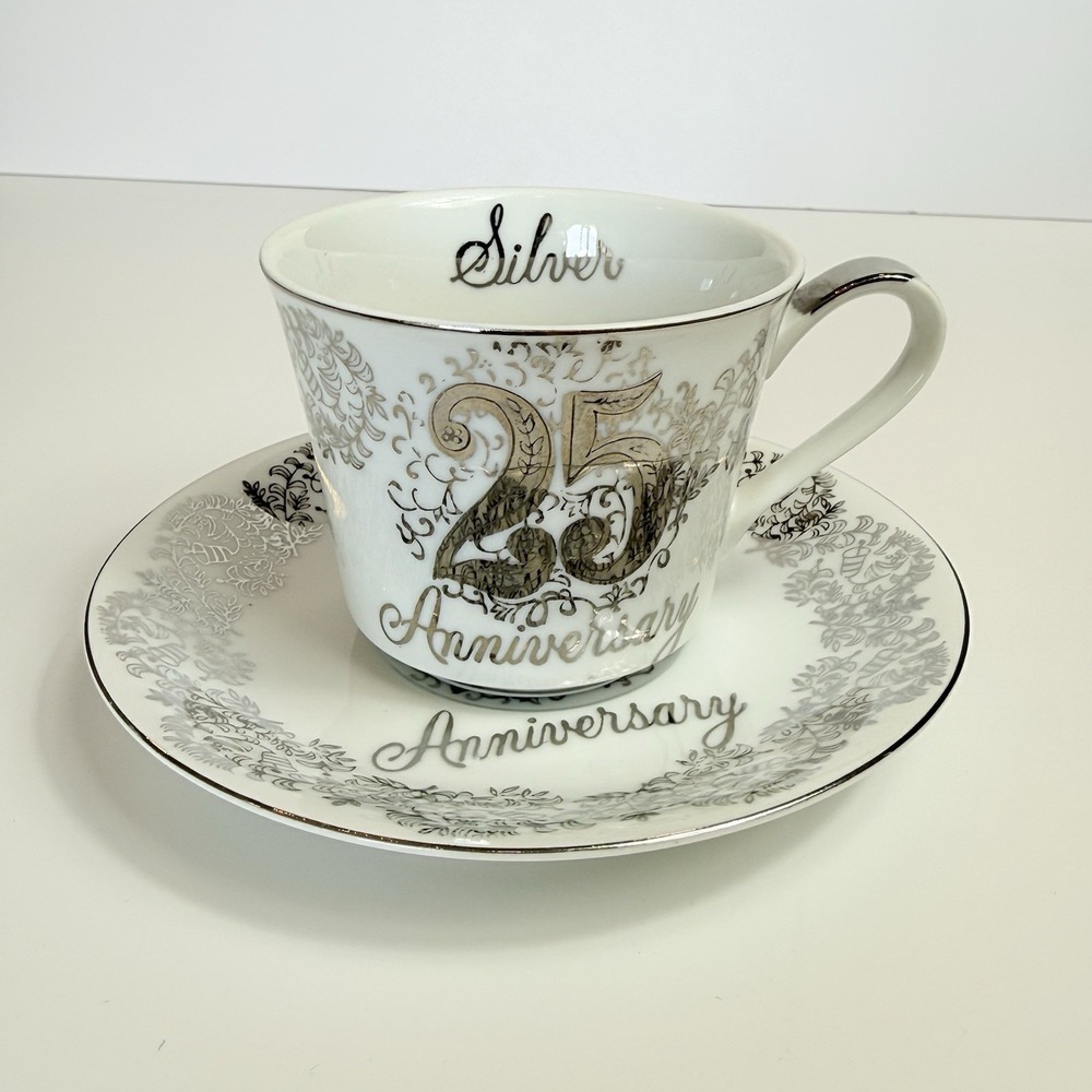 Norcrest Fine China 25th Silver Anniversary Tea Cup & Saucer C-870 Bells Vines